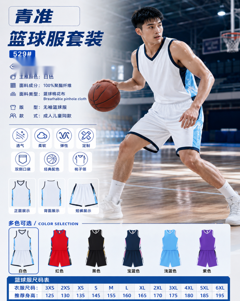 青准 529 无袖篮球服套装 图 1