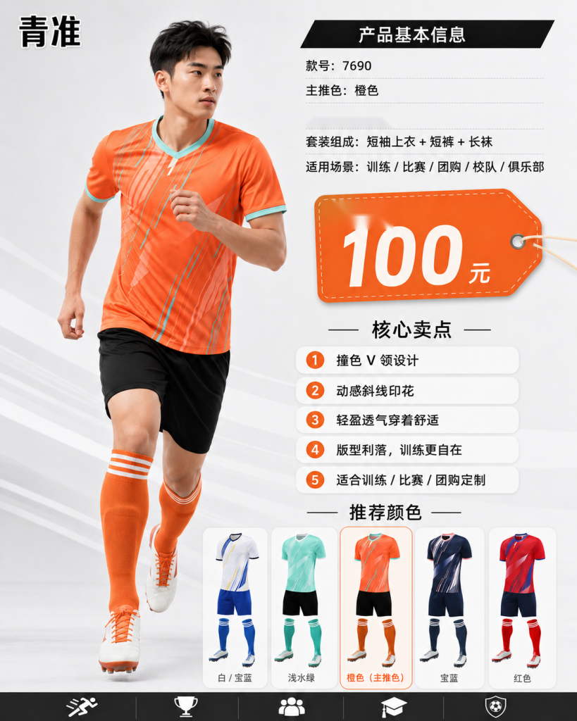 青准 7690 足球训练服套装（短袖上衣 + 短裤 + 长袜） 图 1